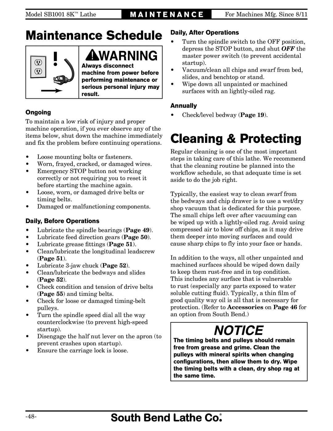 Southbend SB1001 owner manual Maintenance Schedule, Daily, After Operations, Ongoing, Daily, Before Operations, Annually 