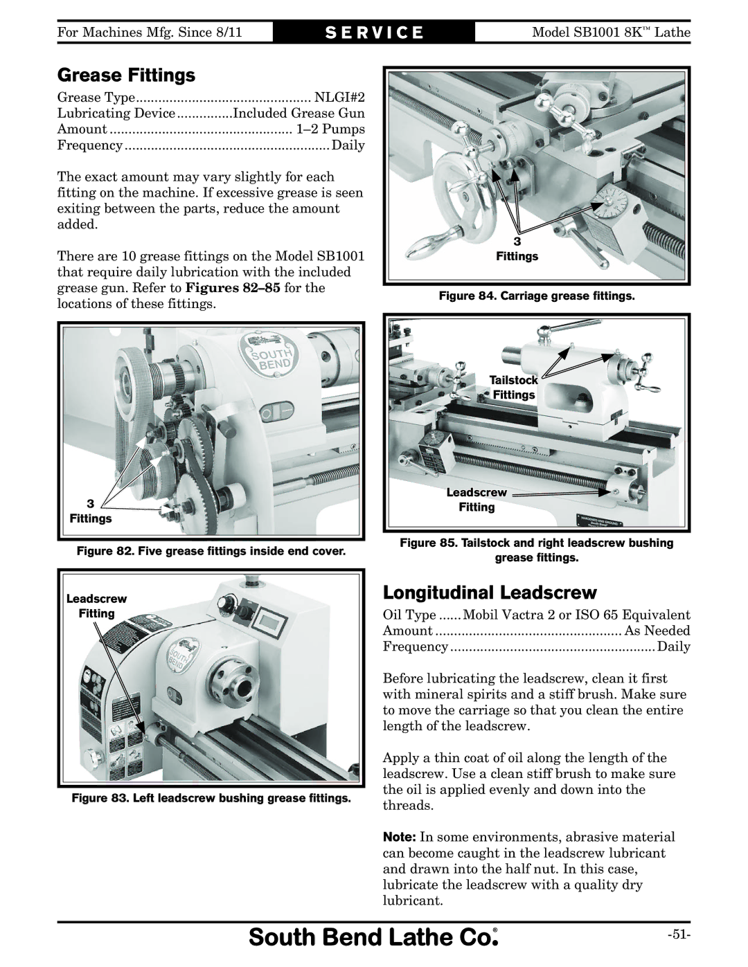 Southbend SB1001 owner manual Grease Fittings, Longitudinal Leadscrew 