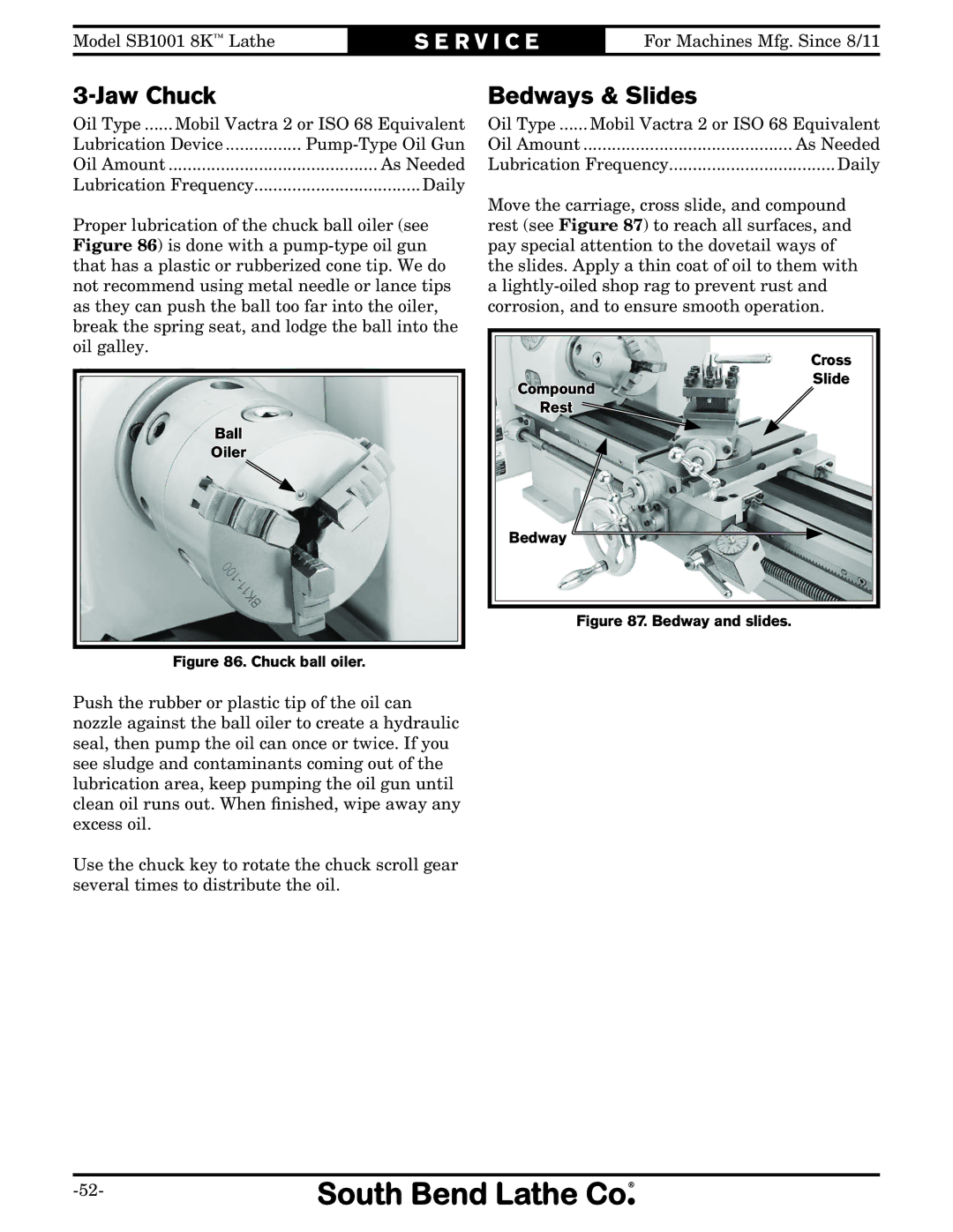 Southbend SB1001 owner manual Jaw Chuck, Bedways & Slides 