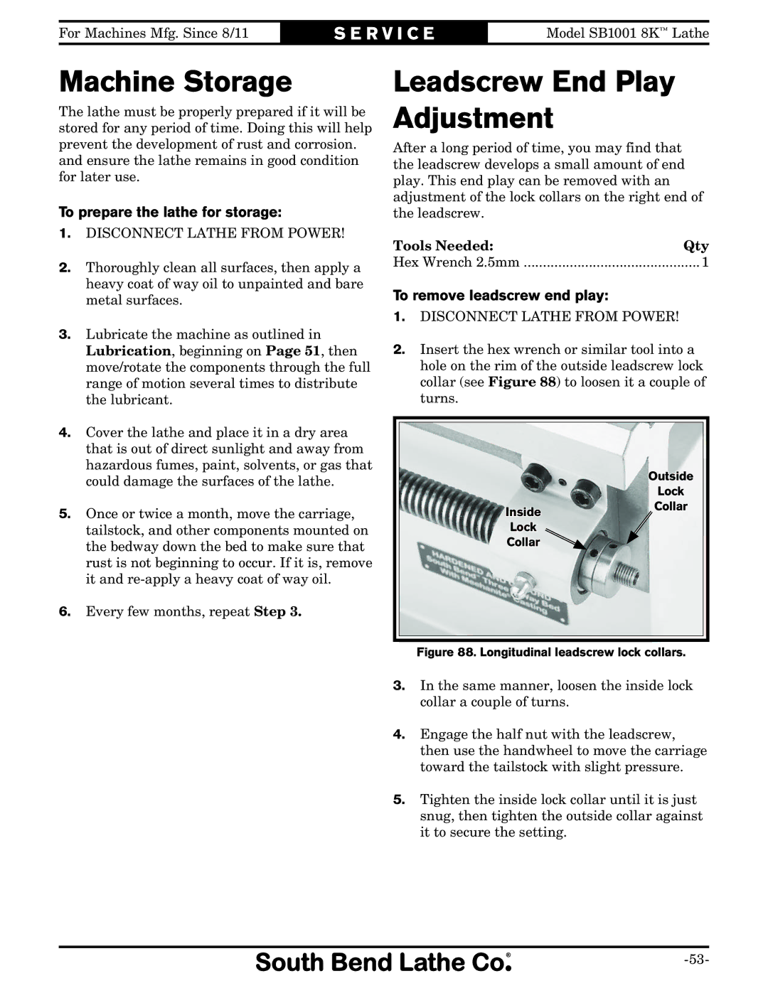 Southbend SB1001 owner manual Machine Storage, Leadscrew End Play Adjustment, To prepare the lathe for storage 