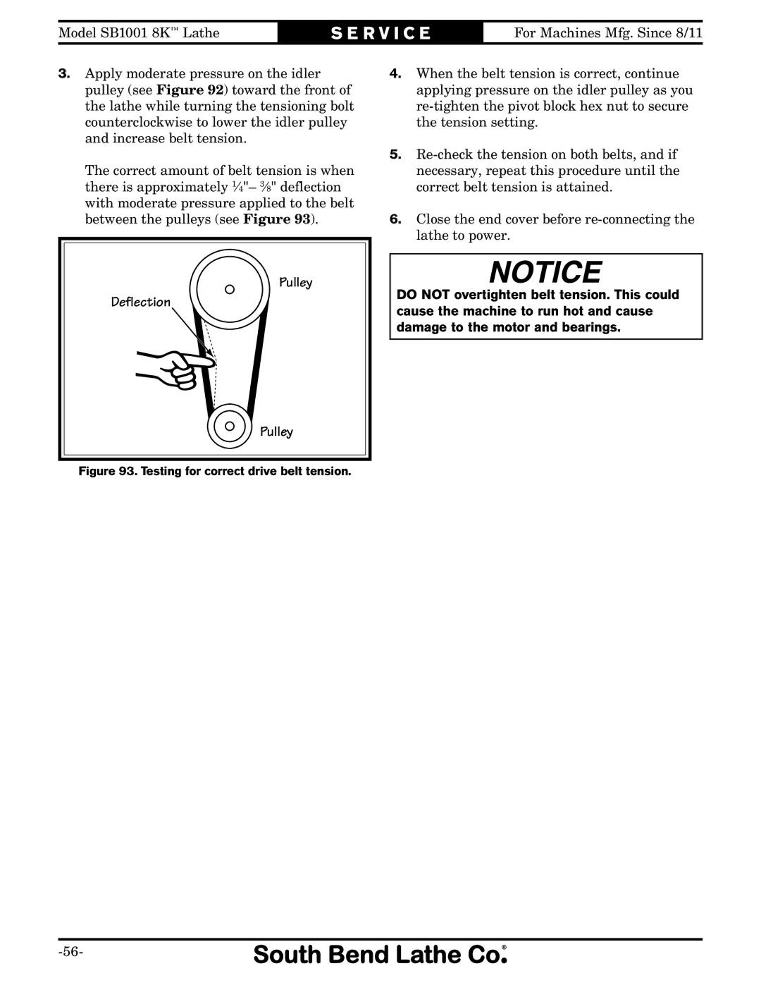 Southbend SB1001 owner manual Pulley Deflection 