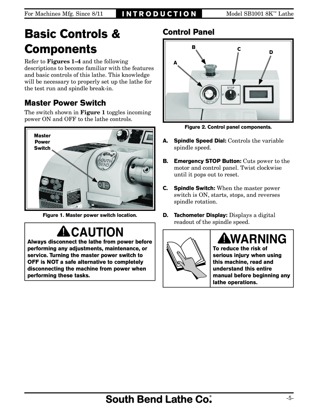 Southbend SB1001 owner manual Basic Controls Components, Master Power Switch, Control Panel 