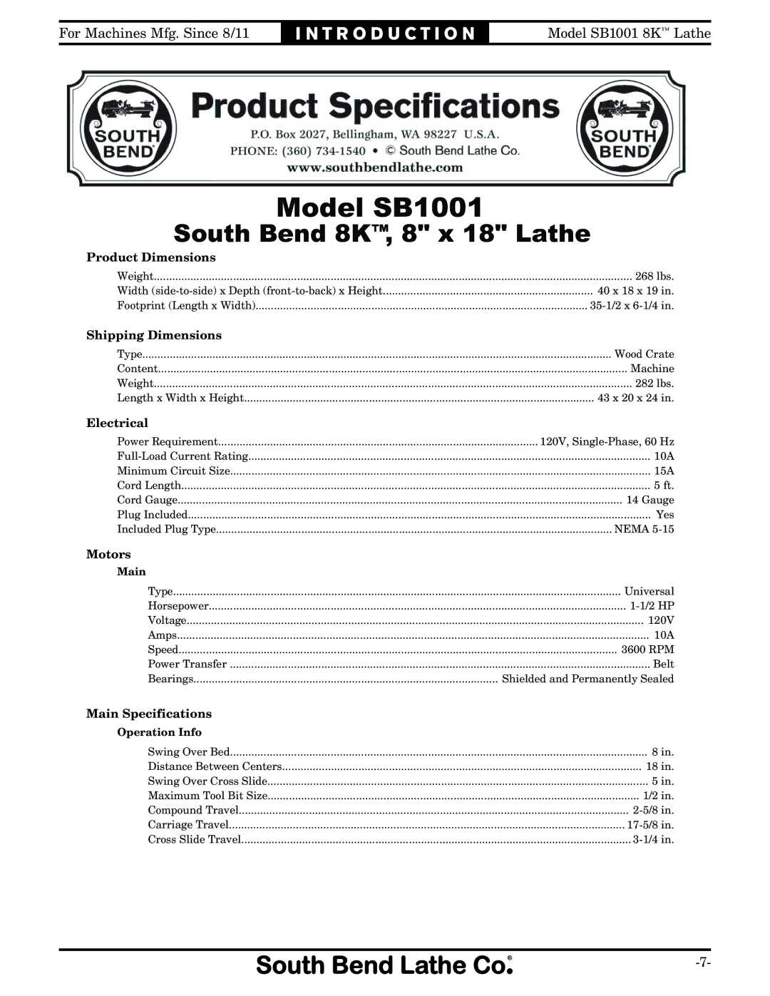 Southbend SB1001 owner manual #$ % 