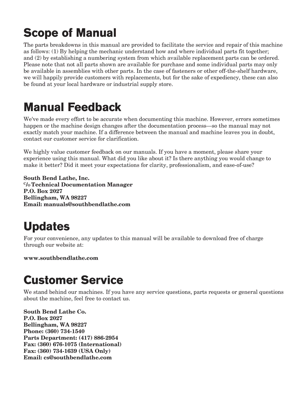 Southbend SB1012 owner manual Scope of Manual 