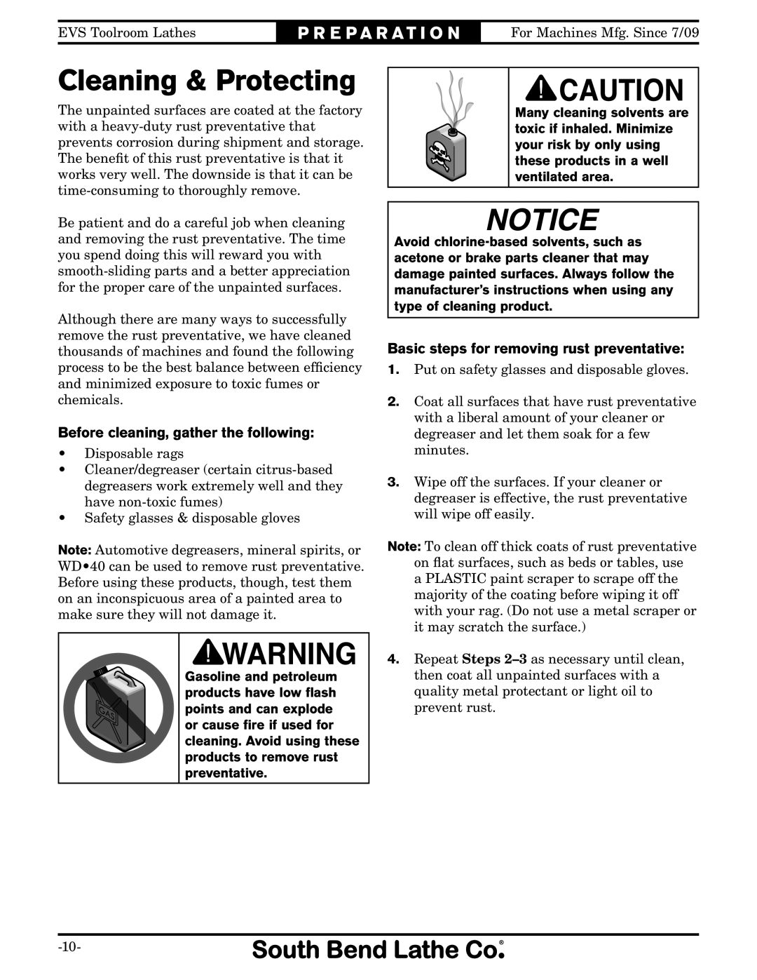 Southbend SB1012 Cleaning & Protecting, Before cleaning, gather the following, Basic steps for removing rust preventative 