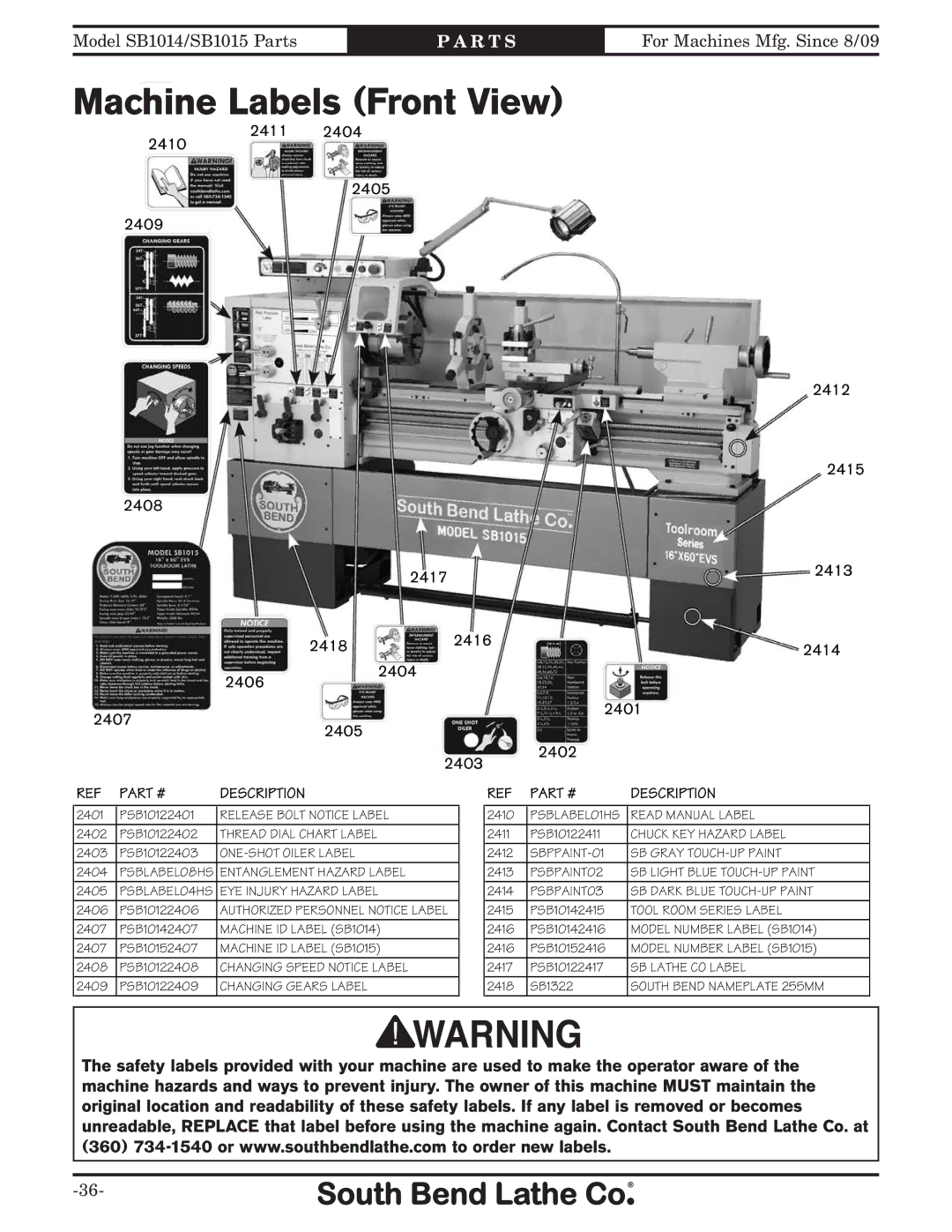 Southbend SB1012 owner manual Machine Labels Front View, Tool Room Series Label 