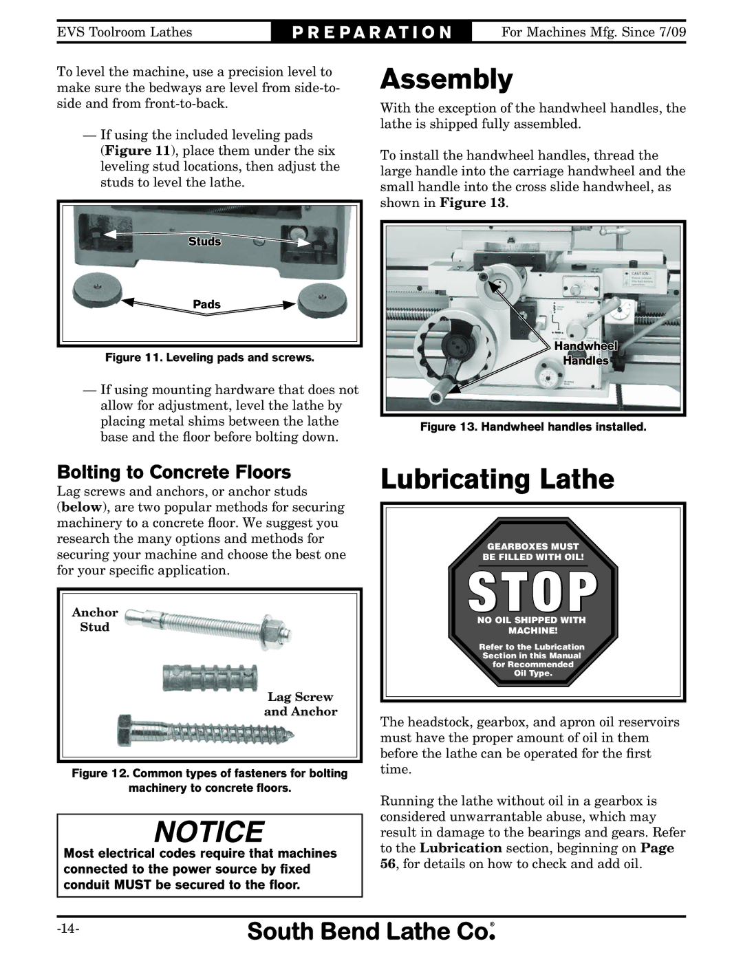 Southbend SB1012 owner manual Assembly, Lubricating Lathe, Bolting to Concrete Floors 