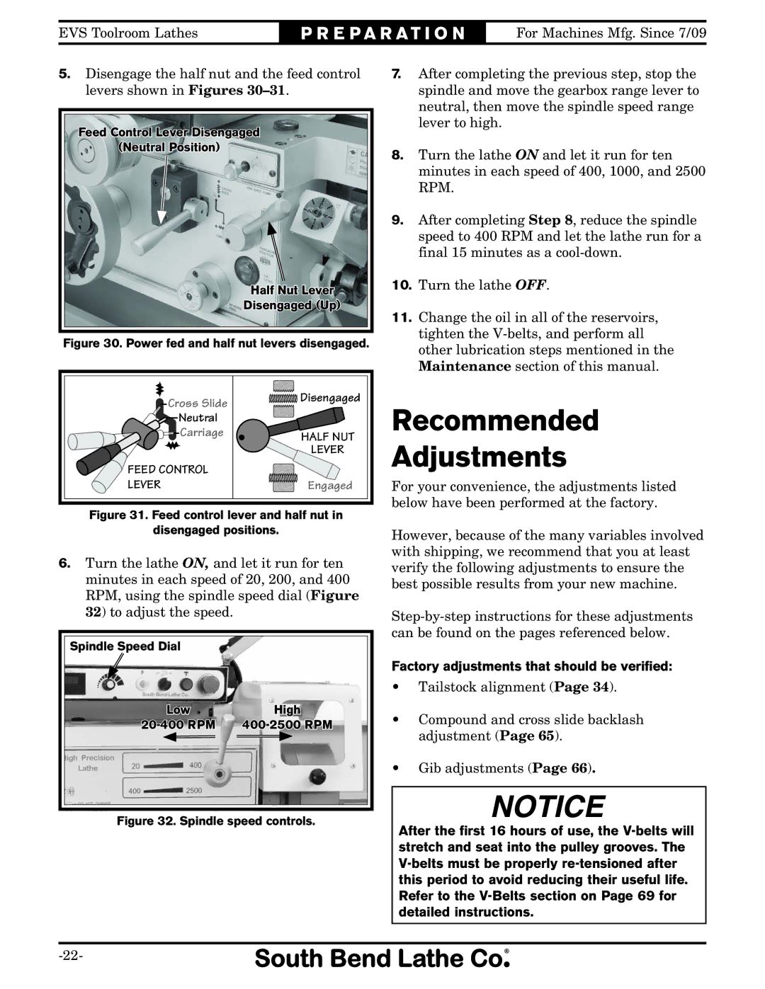 Southbend SB1012 owner manual Recommended Adjustments, Factory adjustments that should be veriﬁed 