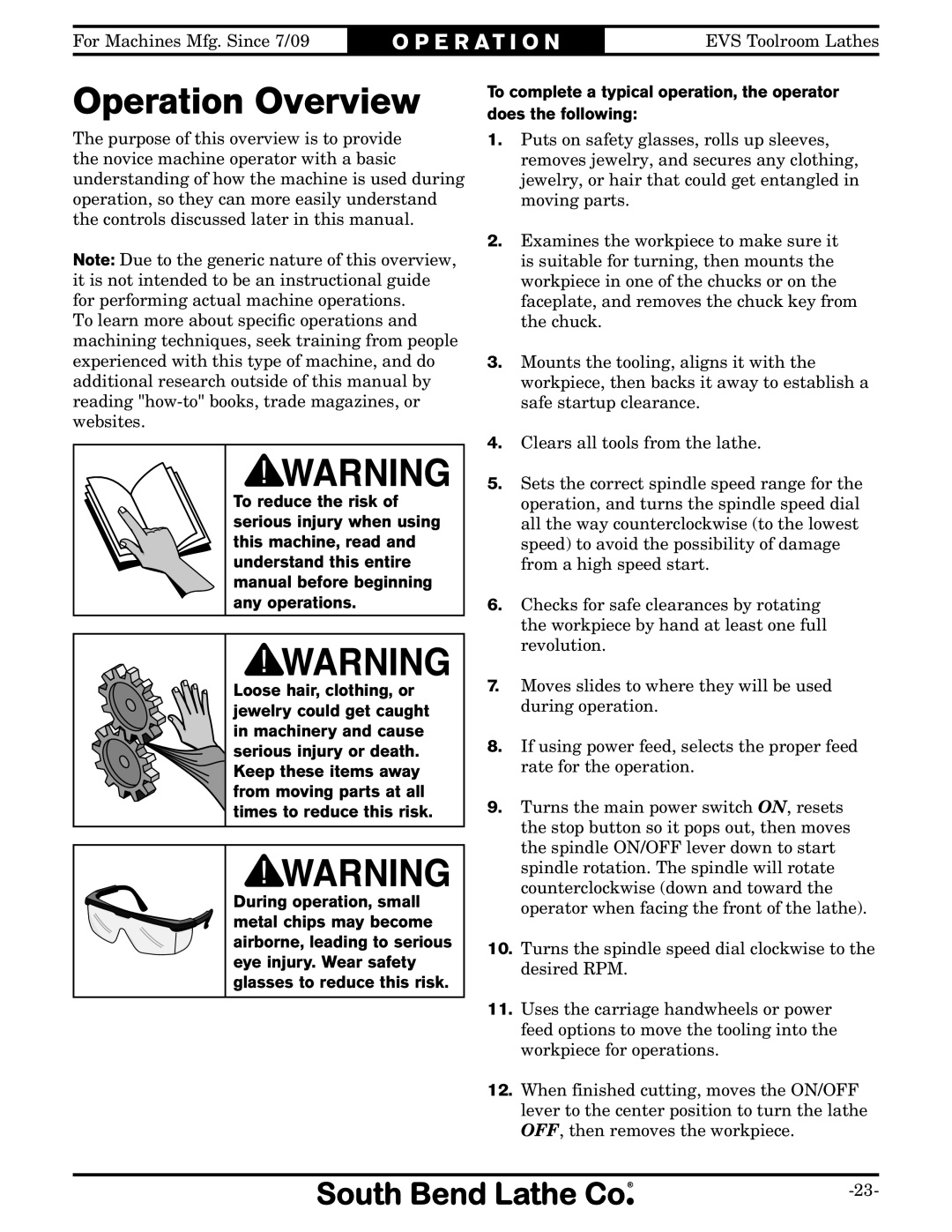 Southbend SB1012 owner manual Operation Overview 