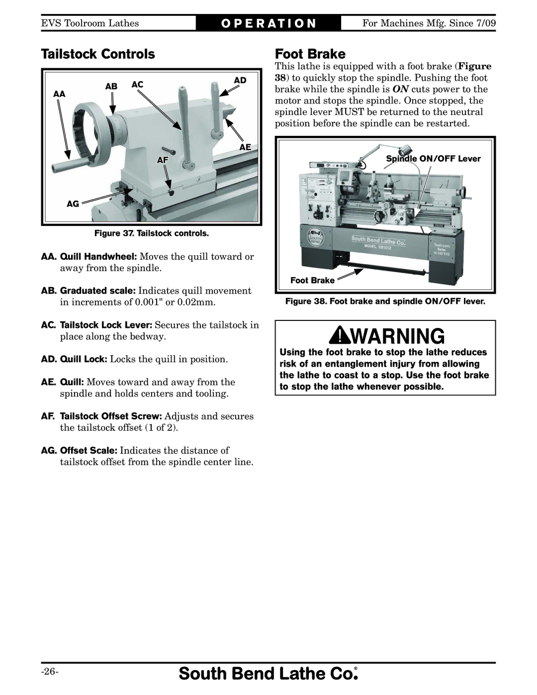 Southbend SB1012 owner manual Tailstock Controls Foot Brake, Tailstock controls 