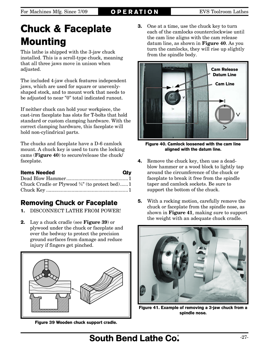 Southbend SB1012 owner manual Chuck & Faceplate Mounting, Removing Chuck or Faceplate, Items Needed Qty 