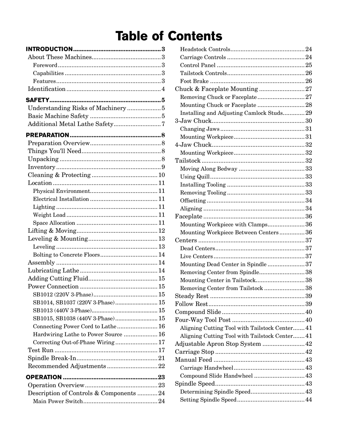 Southbend SB1012 owner manual Table of Contents 