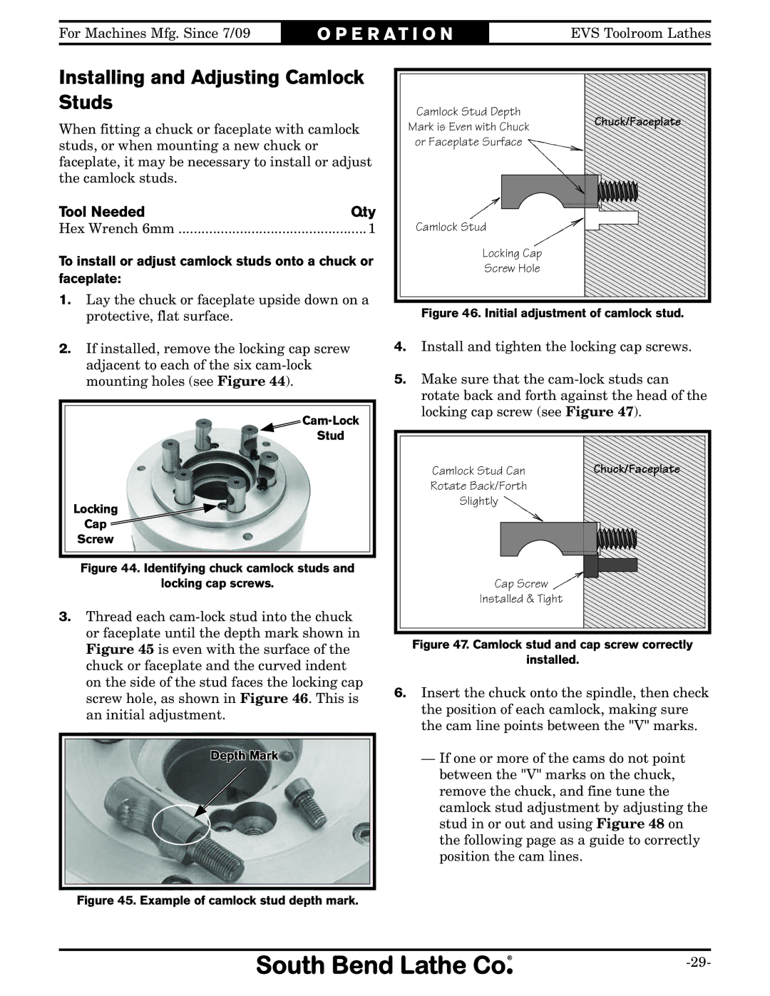 Southbend SB1012 owner manual Installing and Adjusting Camlock Studs, Tool Needed Qty 