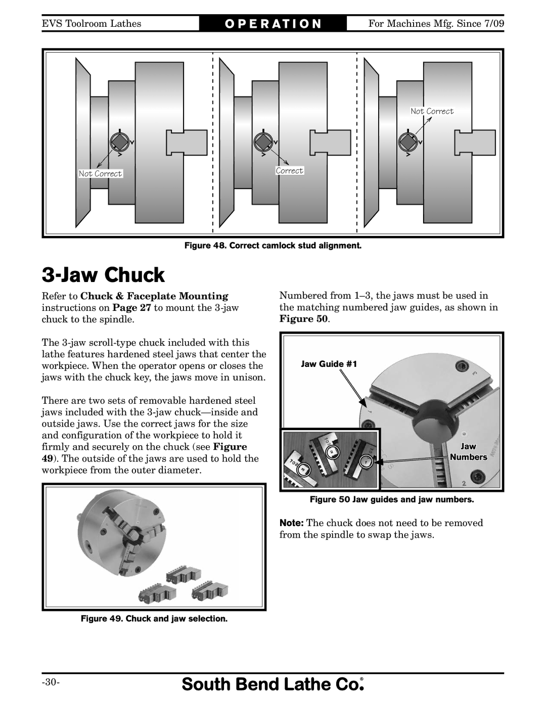 Southbend SB1012 owner manual Jaw Chuck, Correct camlock stud alignment 