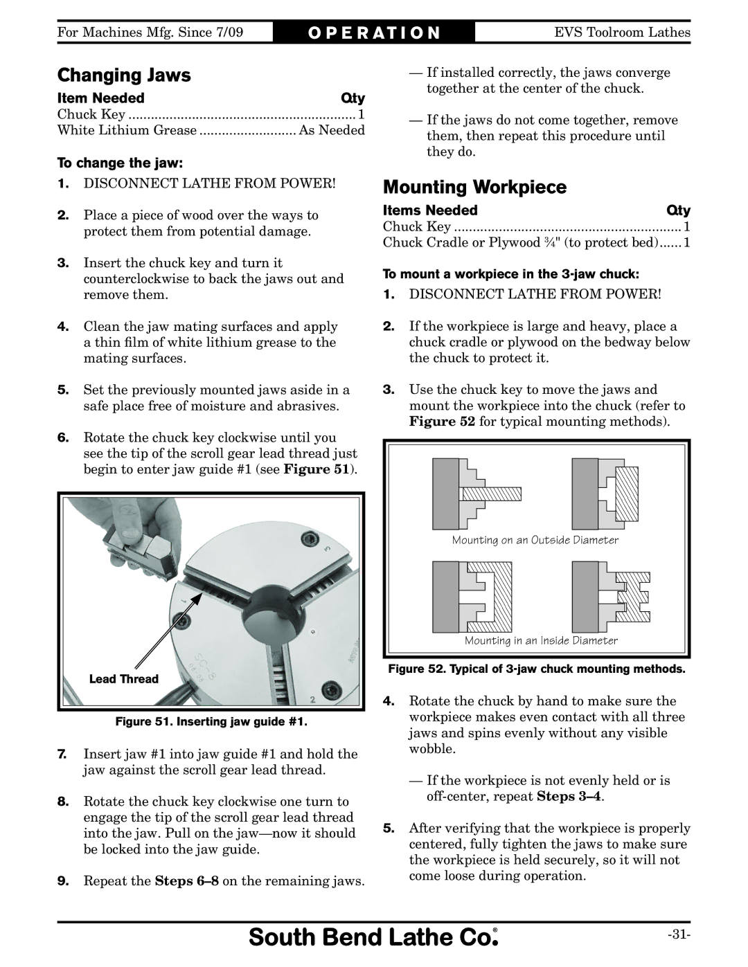 Southbend SB1012 owner manual Changing Jaws, Mounting Workpiece, Item Needed Qty, To change the jaw 