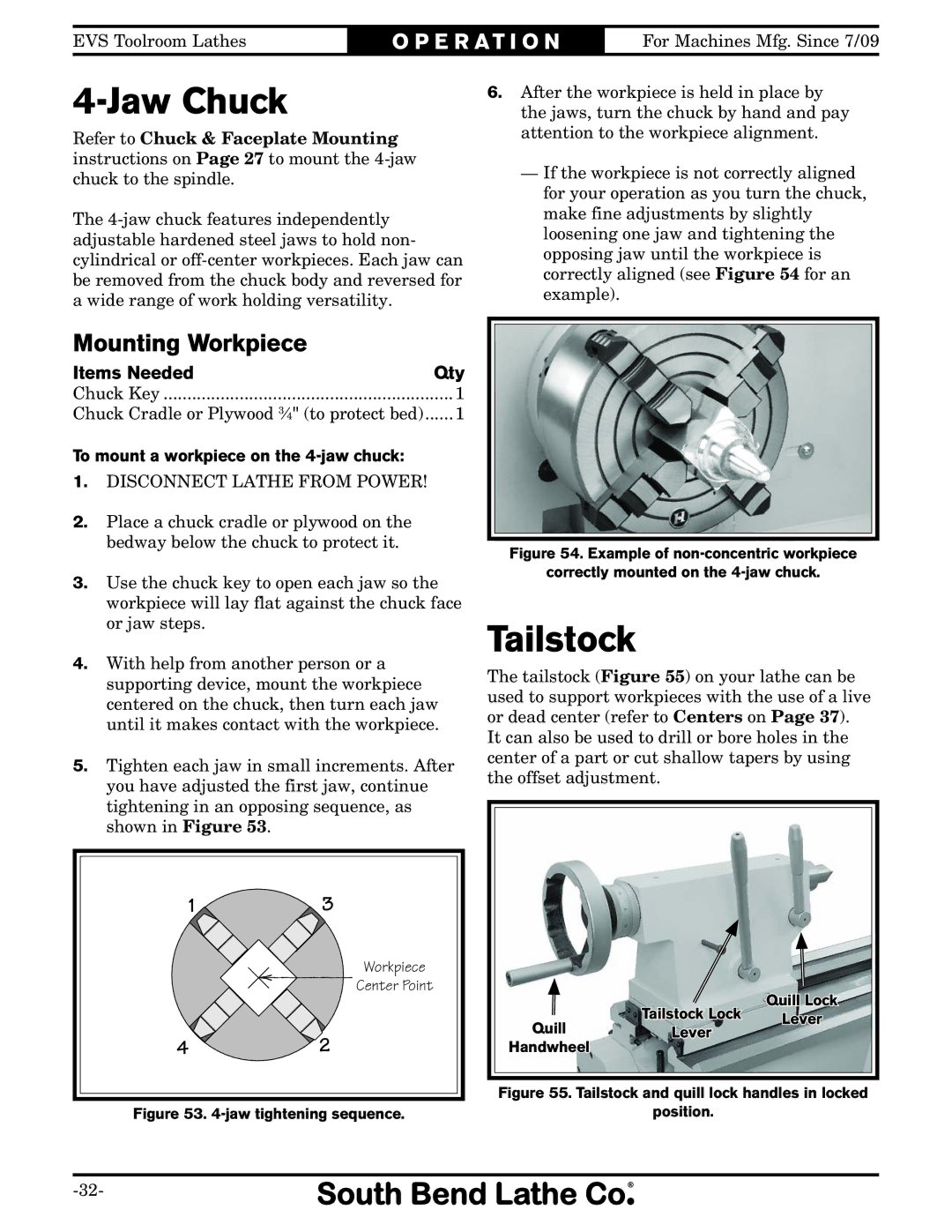 Southbend SB1012 owner manual Tailstock, To mount a workpiece on the 4-jaw chuck 