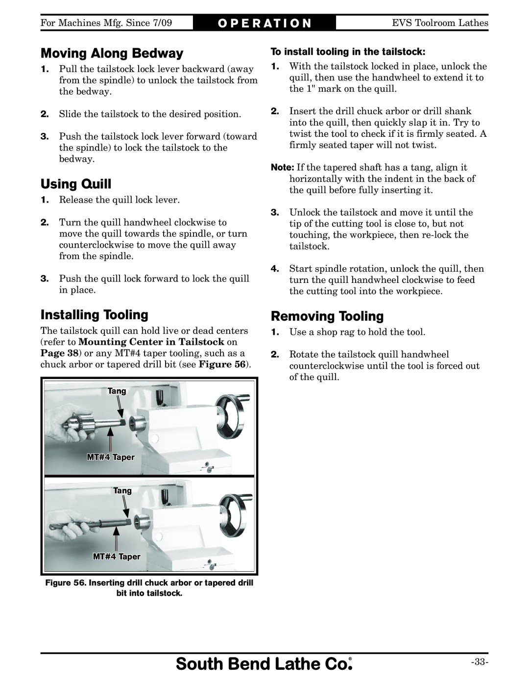 Southbend SB1012 owner manual Moving Along Bedway, Using Quill, Installing Tooling, Removing Tooling 