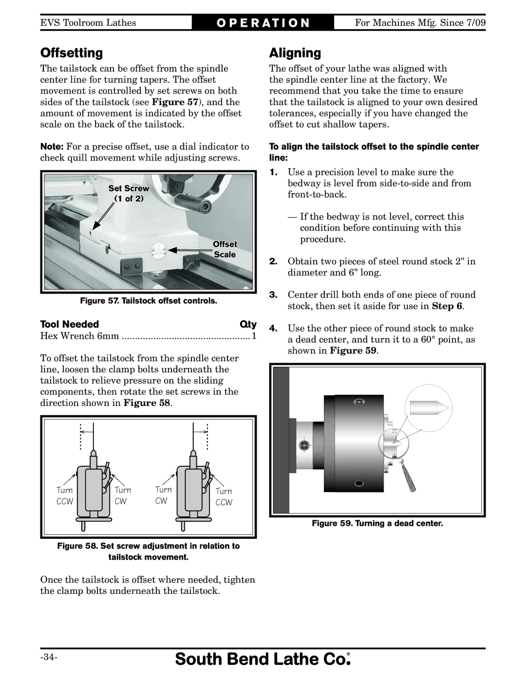 Southbend SB1012 owner manual Offsetting, Aligning, To align the tailstock offset to the spindle center line 