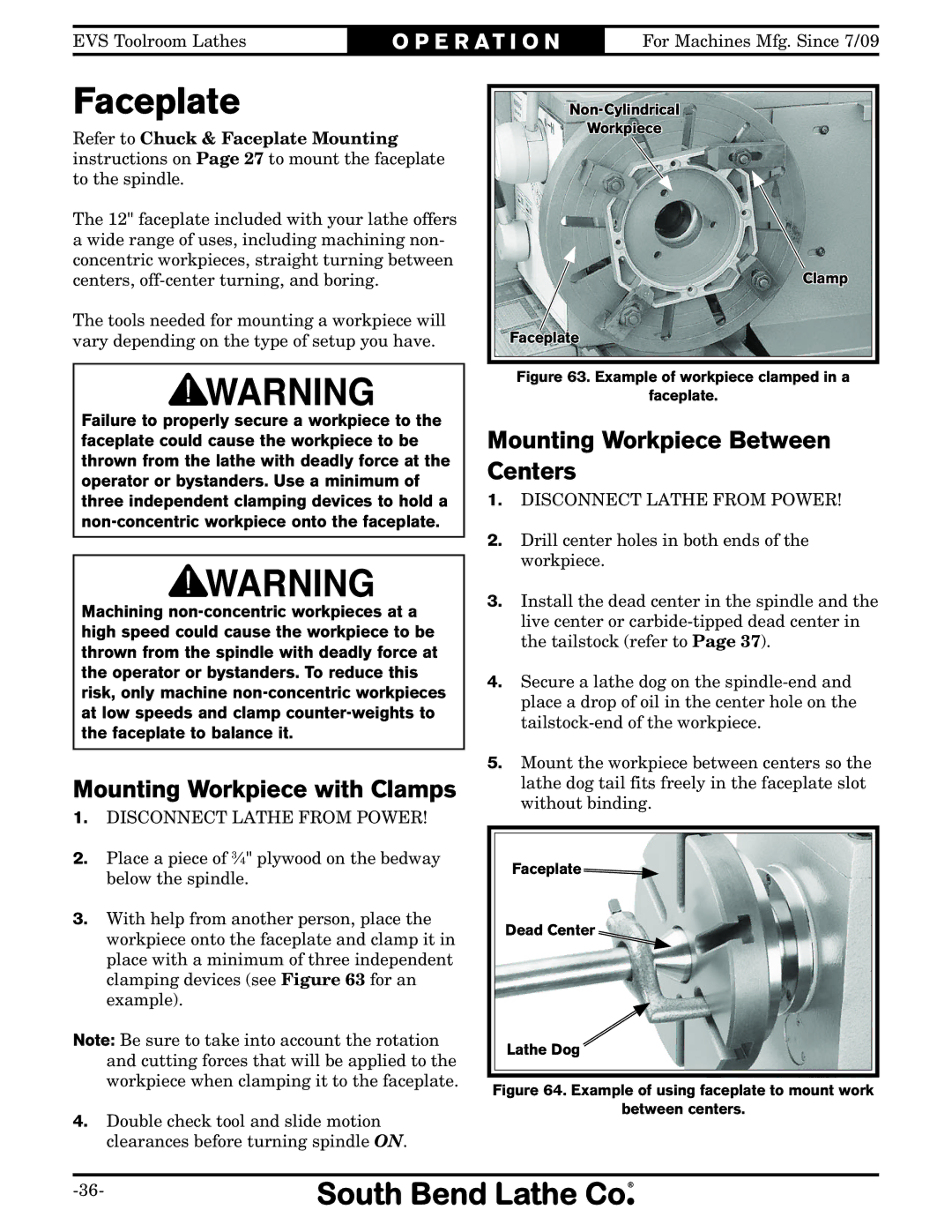 Southbend SB1012 owner manual Faceplate, Mounting Workpiece with Clamps, Mounting Workpiece Between Centers 