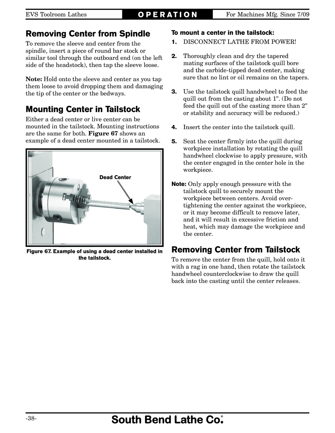 Southbend SB1012 owner manual Removing Center from Spindle, Mounting Center in Tailstock, Removing Center from Tailstock 