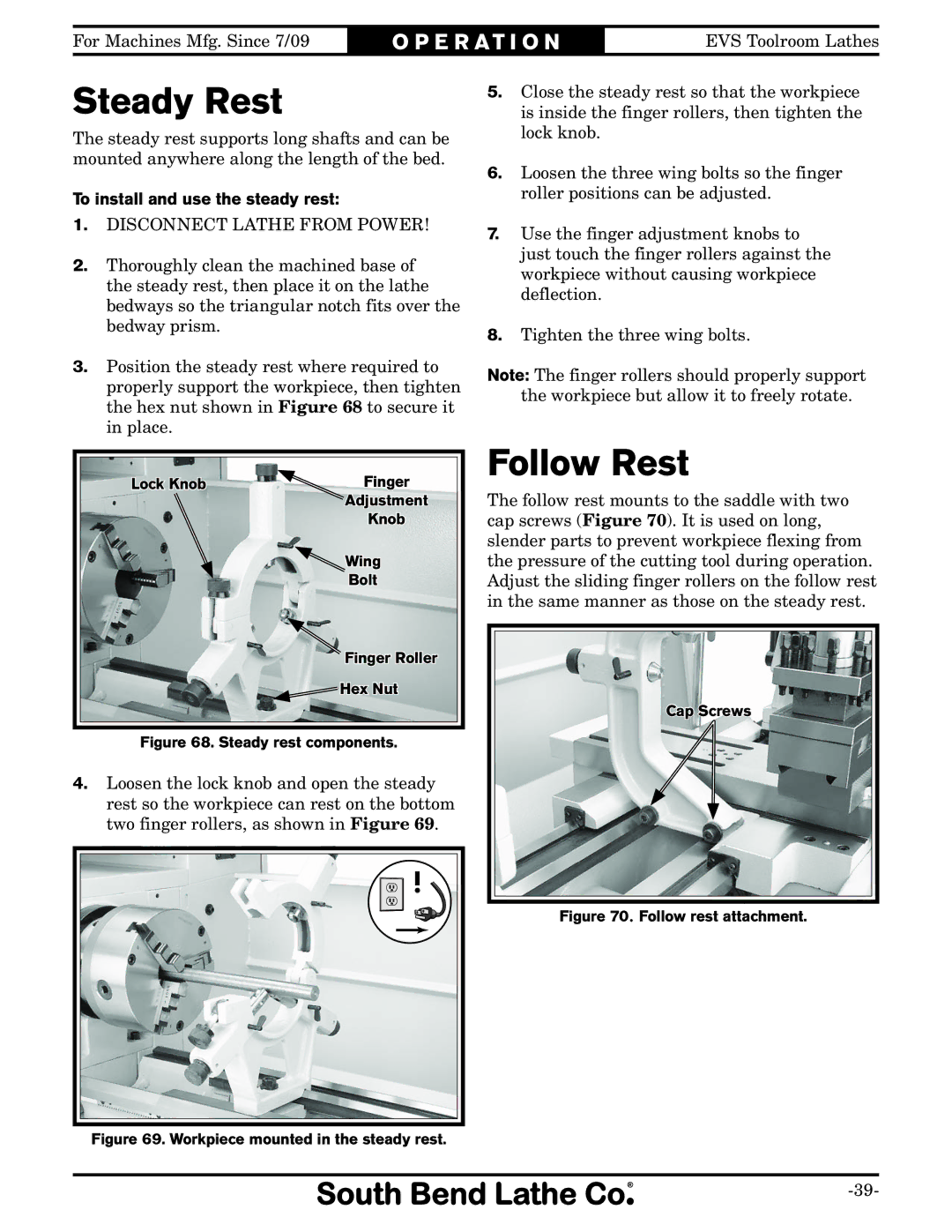 Southbend SB1012 owner manual Steady Rest, Follow Rest, To install and use the steady rest 