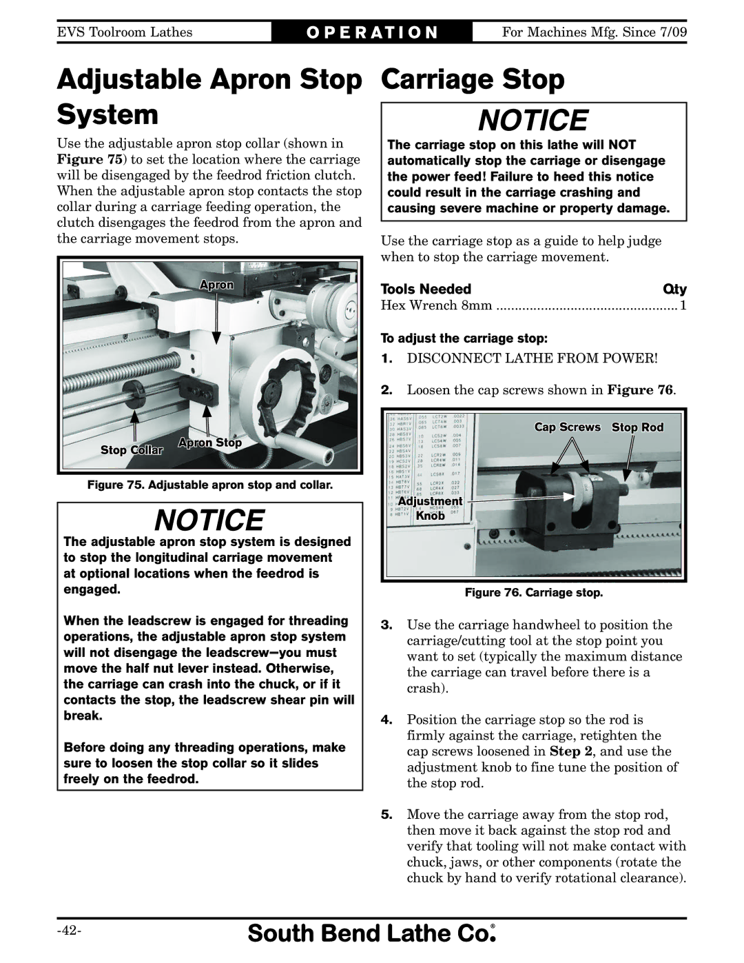 Southbend SB1012 owner manual Adjustable Apron Stop System, Carriage Stop, To adjust the carriage stop 