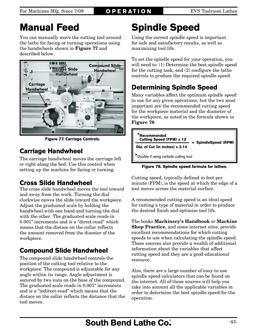 Southbend SB1012 owner manual Manual Feed, Spindle Speed 