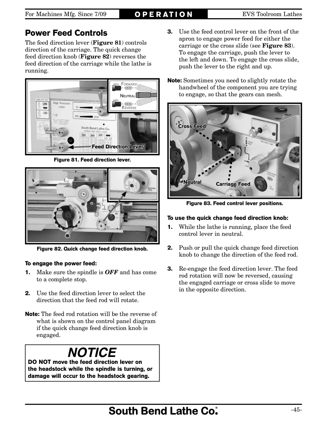 Southbend SB1012 owner manual Power Feed Controls, To engage the power feed, To use the quick change feed direction knob 