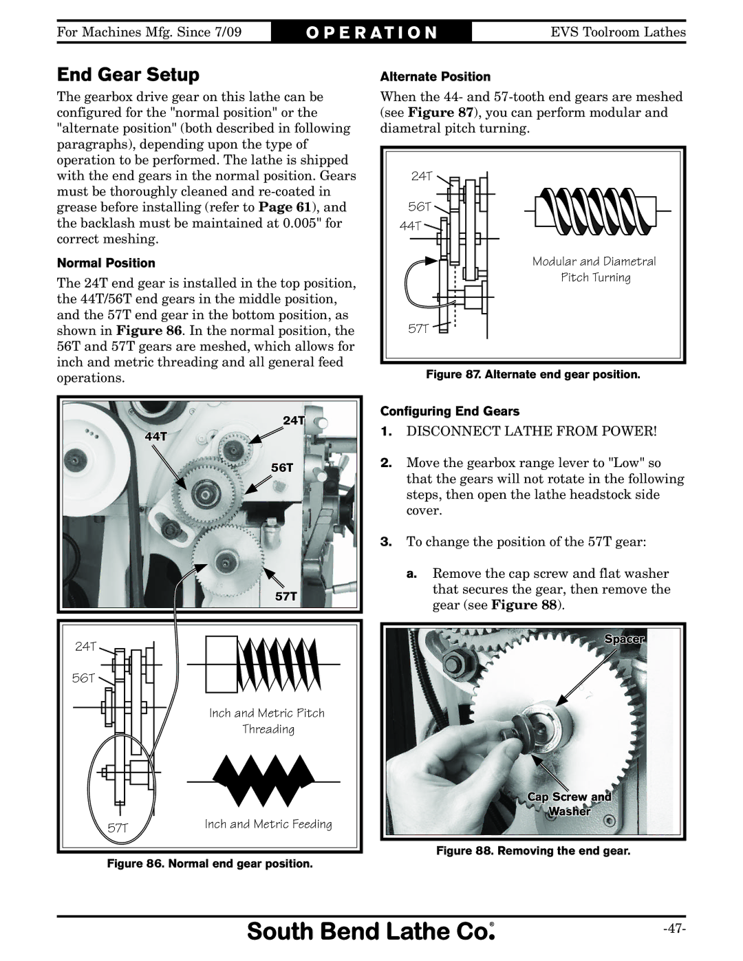 Southbend SB1012 owner manual End Gear Setup, Normal Position, Alternate Position, Conﬁguring End Gears 