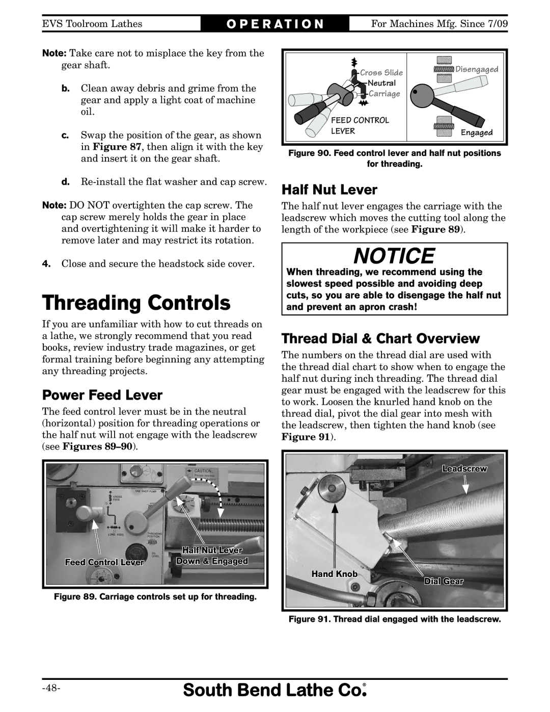 Southbend SB1012 owner manual Threading Controls, Power Feed Lever, Half Nut Lever, Thread Dial & Chart Overview 