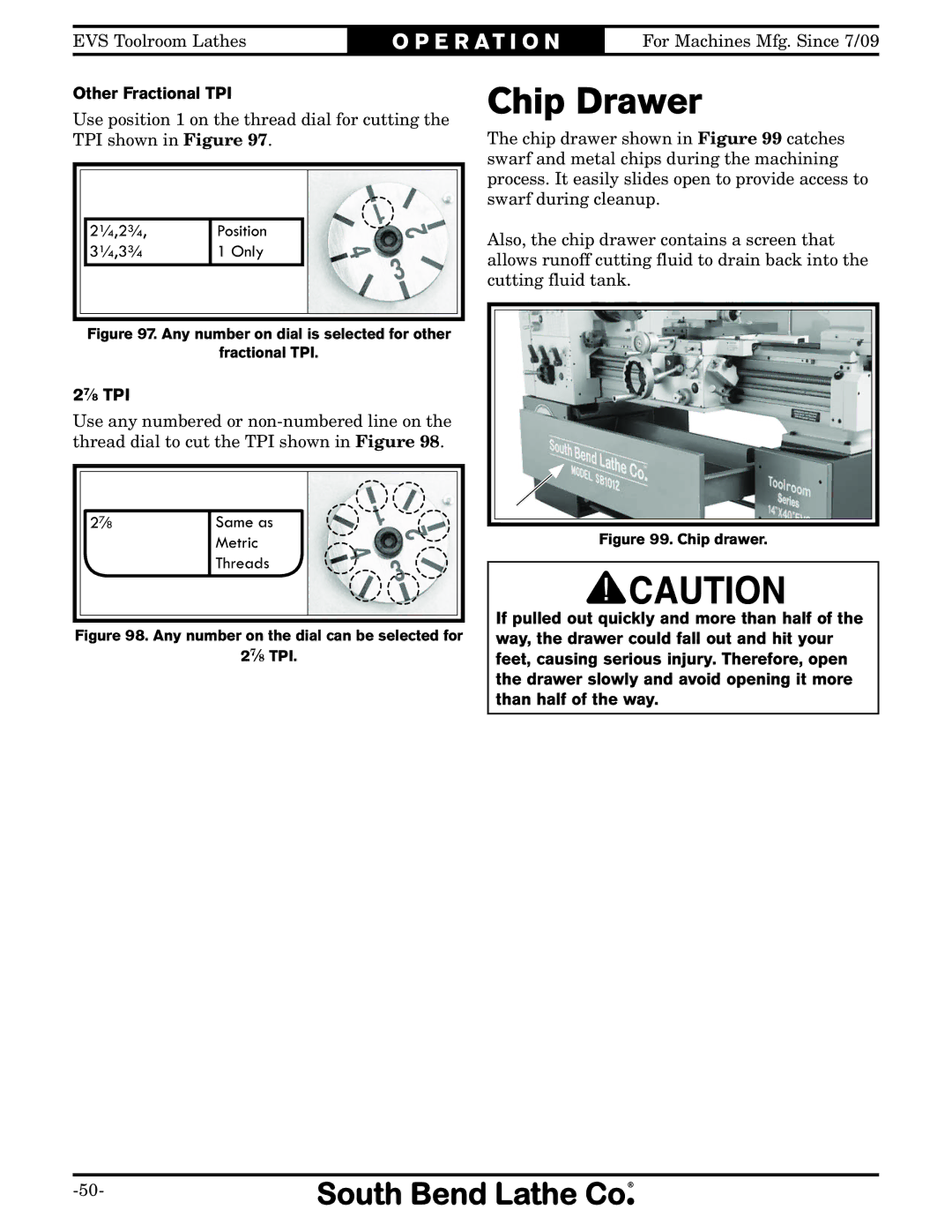 Southbend SB1012 owner manual Chip Drawer, Other Fractional TPI, 27⁄8 TPI 