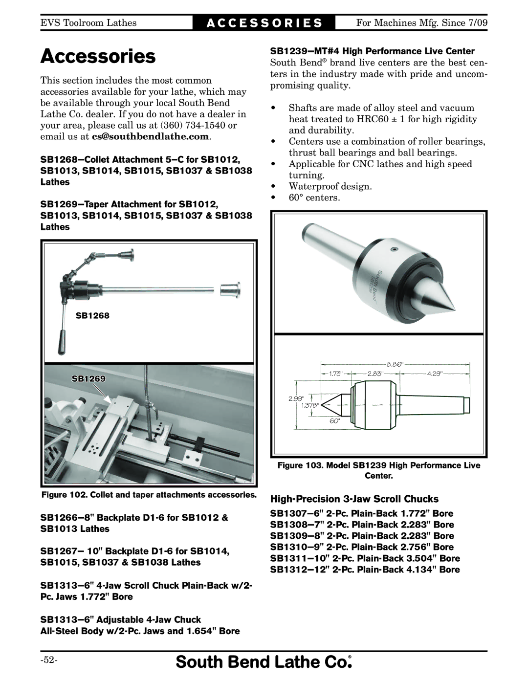 Southbend SB1012 owner manual Accessories, High-Precision 3-Jaw Scroll Chucks 