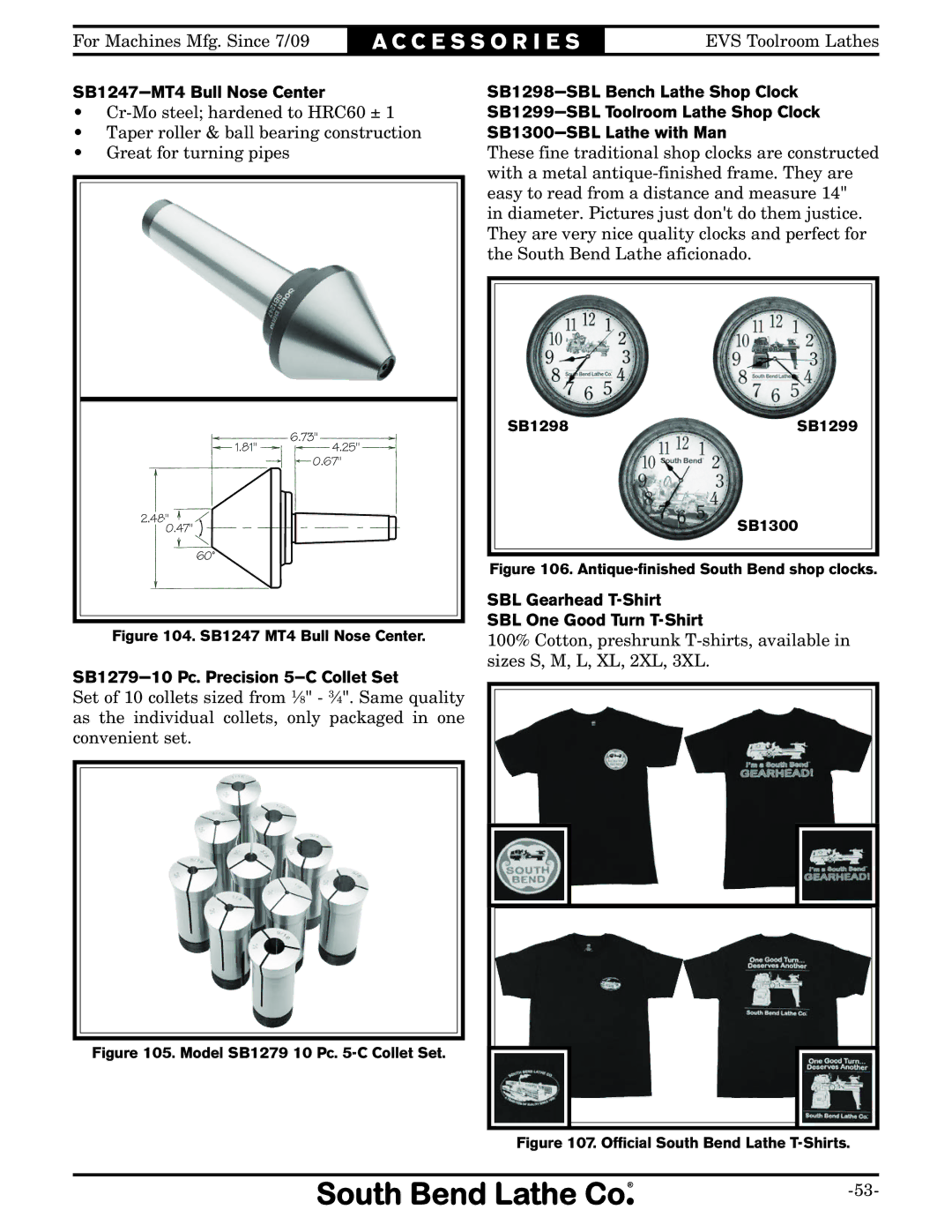 Southbend SB1012 owner manual SB1247-MT4 Bull Nose Center, SB1279-10 Pc. Precision 5-C Collet Set 