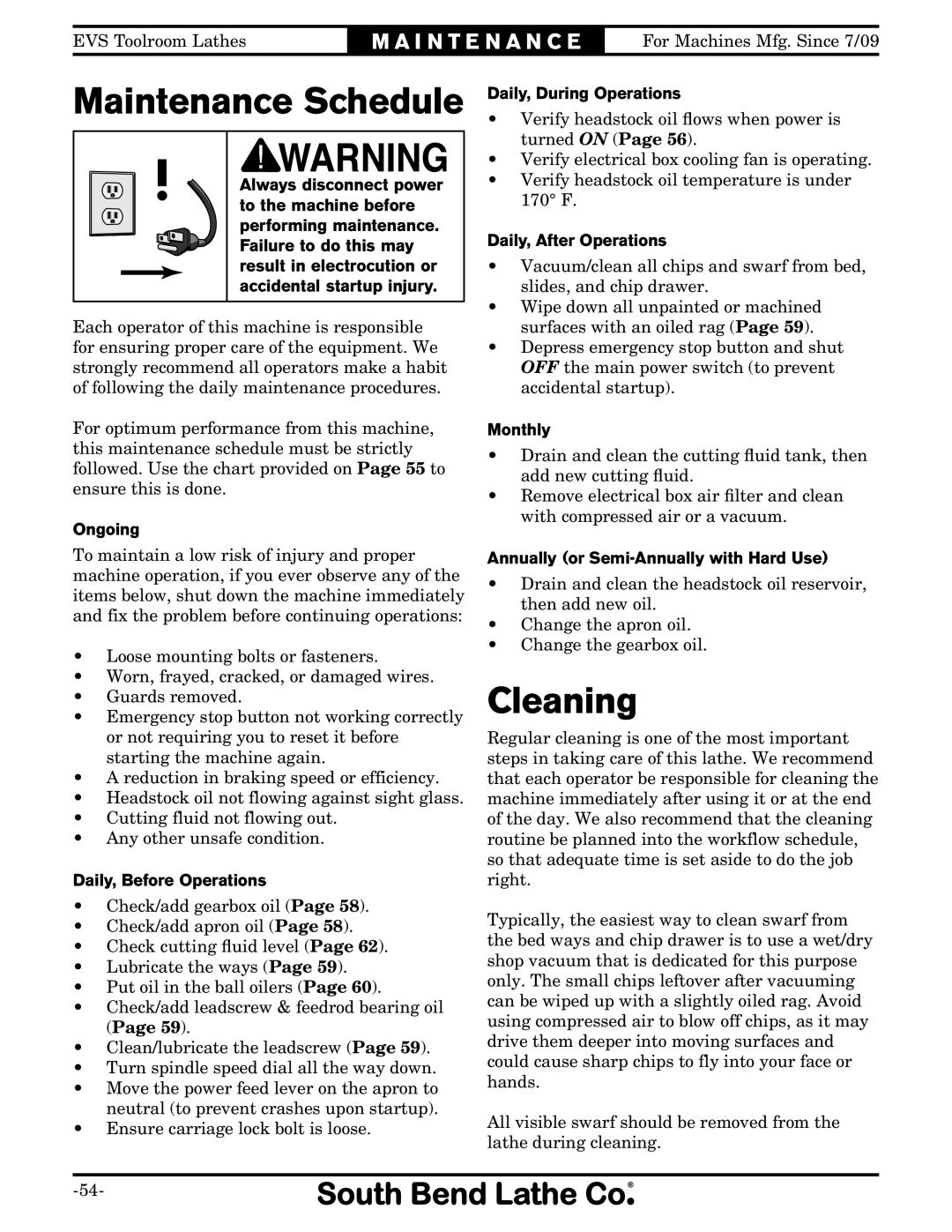 Southbend SB1012 owner manual Maintenance Schedule, Cleaning 