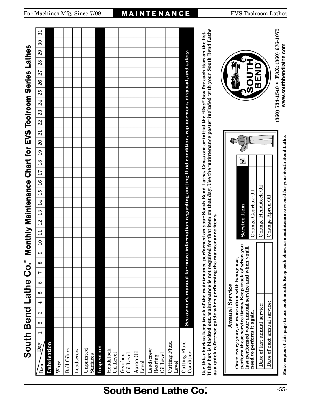 Southbend SB1012 owner manual Annual Service 