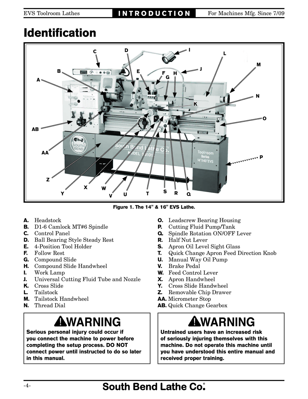 Southbend SB1012 owner manual Identiﬁcation, 14 & 16 EVS Lathe 