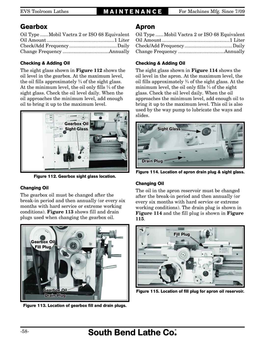 Southbend SB1012 owner manual Gearbox, Apron, Changing Oil 