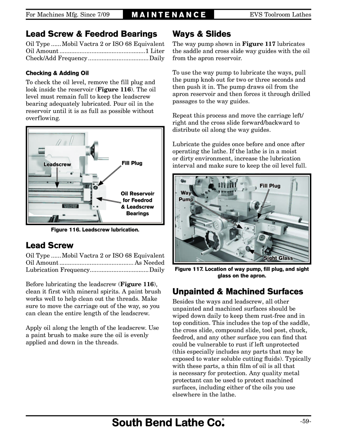 Southbend SB1012 owner manual Lead Screw & Feedrod Bearings, Ways & Slides, Unpainted & Machined Surfaces 