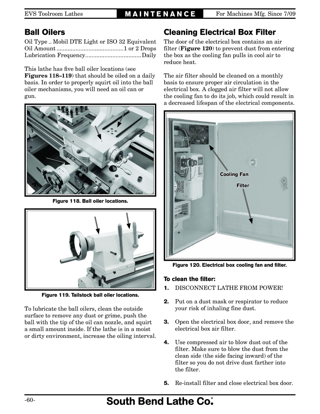 Southbend SB1012 owner manual Ball Oilers, Cleaning Electrical Box Filter, To clean the ﬁlter 