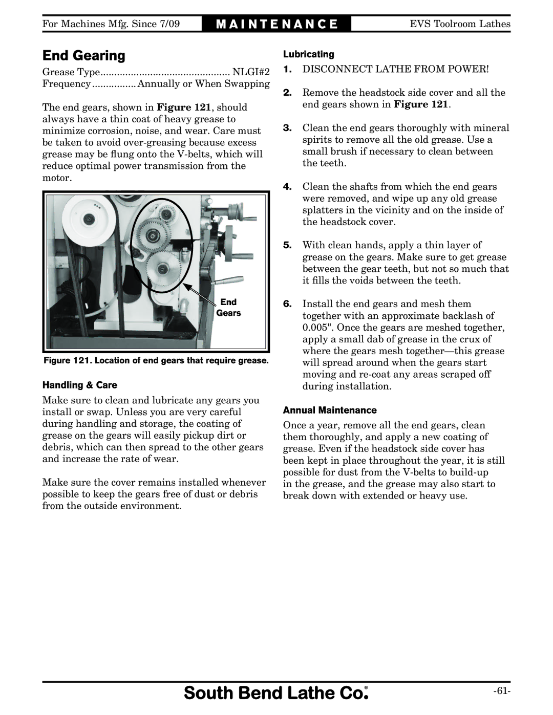 Southbend SB1012 owner manual End Gearing, Handling & Care, Lubricating, Annual Maintenance 