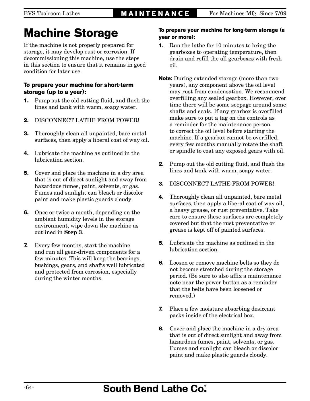 Southbend SB1012 owner manual Machine Storage, To prepare your machine for short-term storage up to a year 