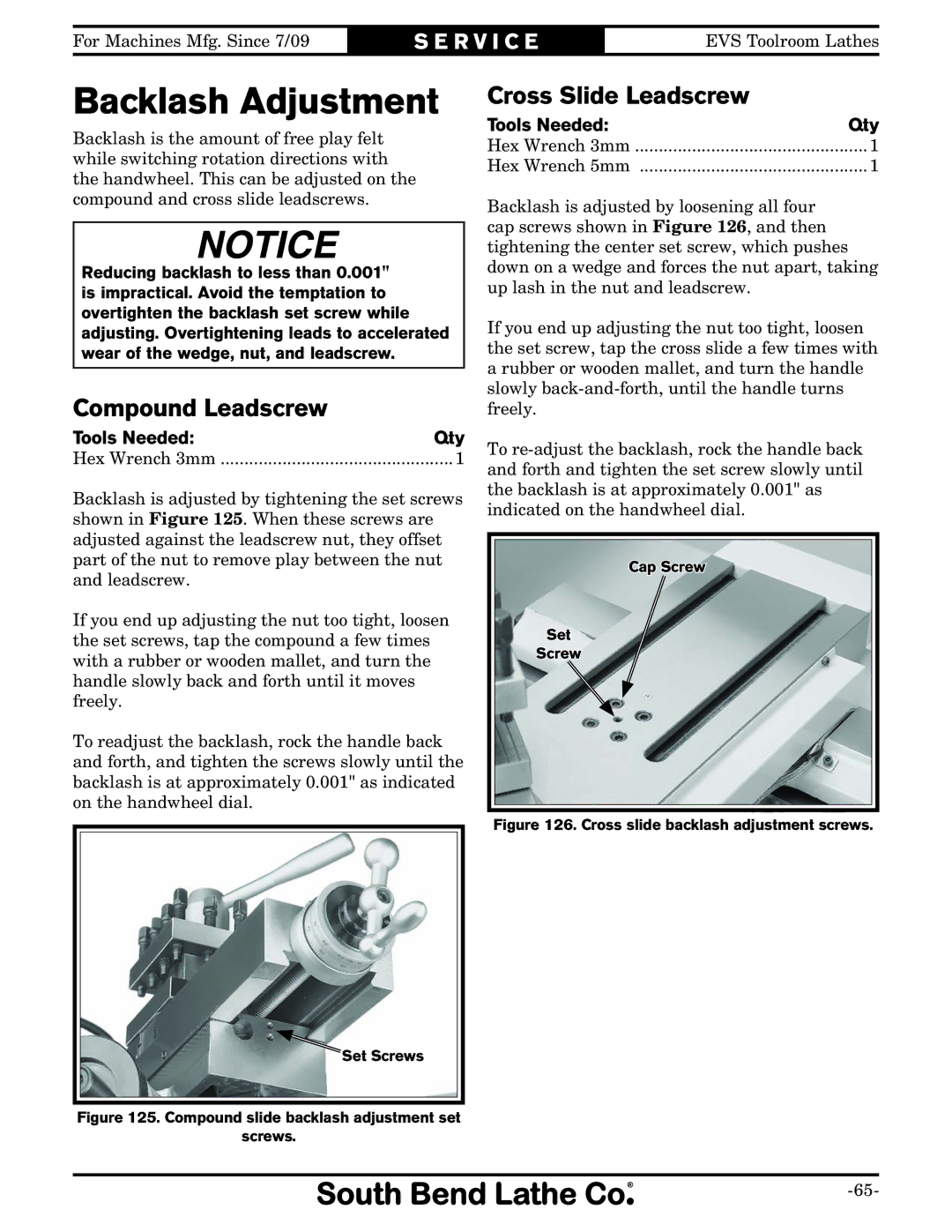 Southbend SB1012 owner manual Backlash Adjustment, Compound Leadscrew, Cross Slide Leadscrew 