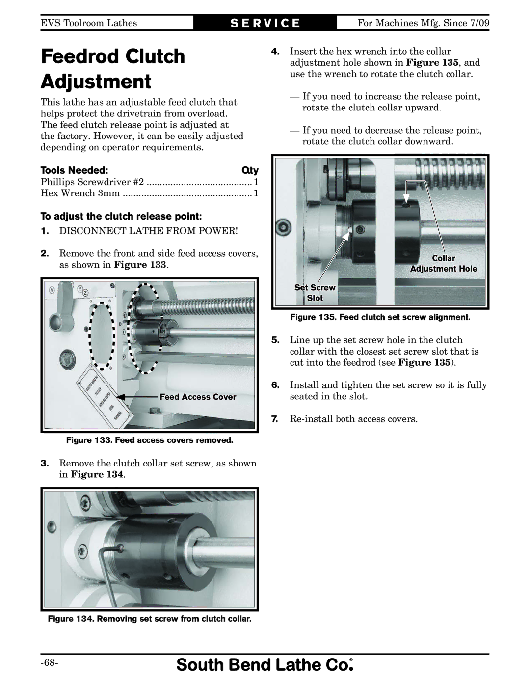 Southbend SB1012 owner manual Feedrod Clutch Adjustment, To adjust the clutch release point 