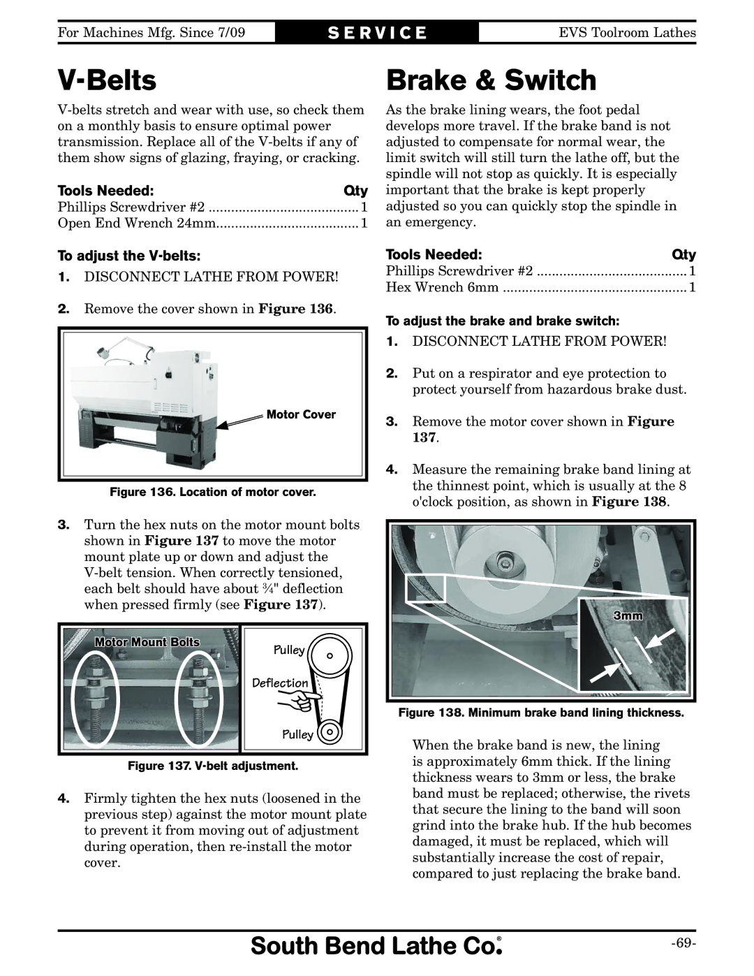 Southbend SB1012 Belts, Brake & Switch, To adjust the V-belts, Pulley Deflection, To adjust the brake and brake switch 