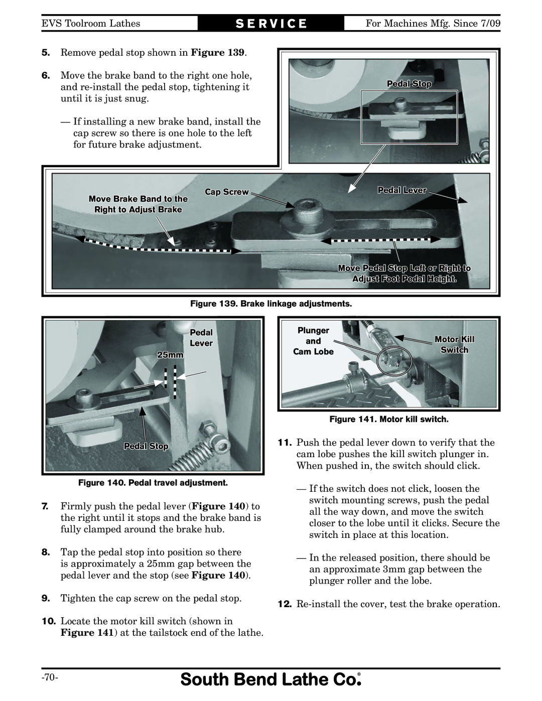 Southbend SB1012 owner manual Re-install the pedal stop, tightening it 