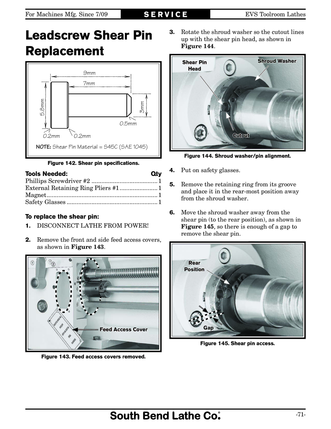 Southbend SB1012 owner manual Leadscrew Shear Pin Replacement, To replace the shear pin 