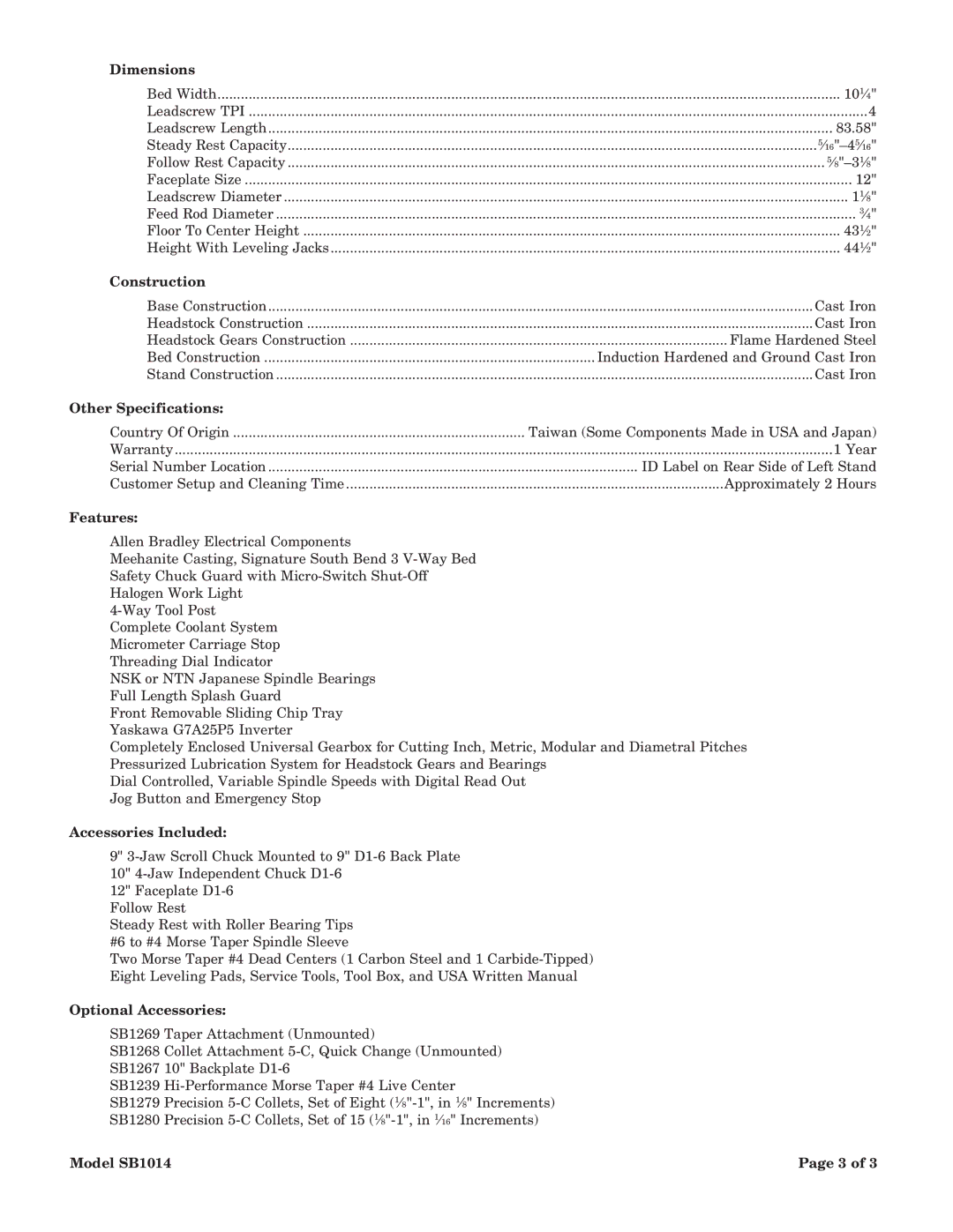 Southbend SB1012 owner manual Dimensions 