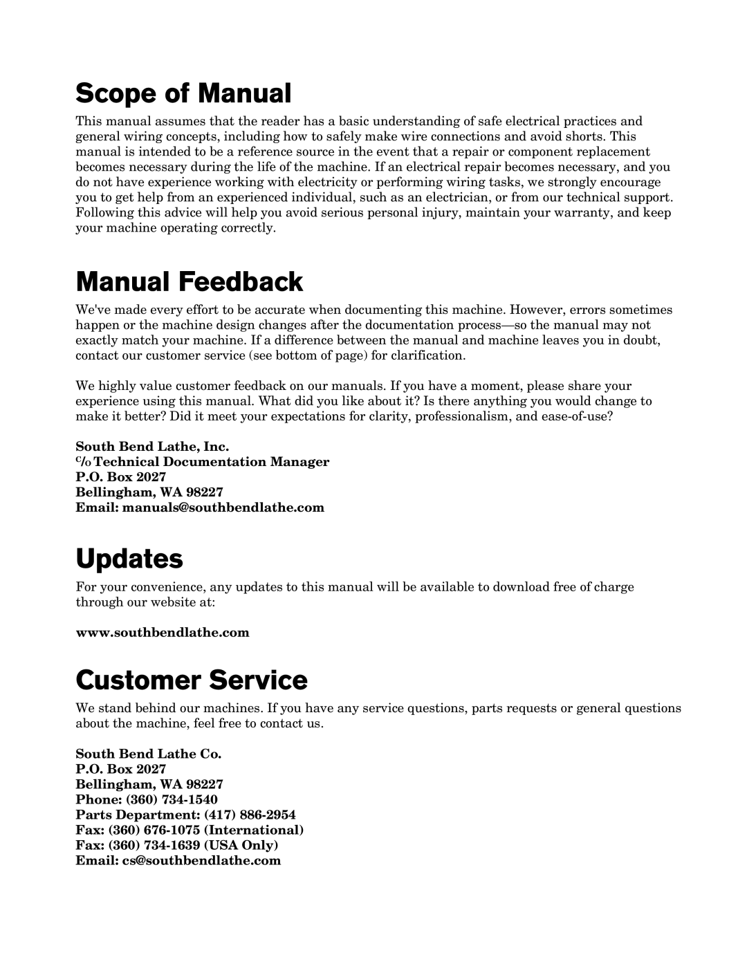 Southbend SB1012 owner manual Scope of Manual, Manual Feedback, Updates, Customer Service 