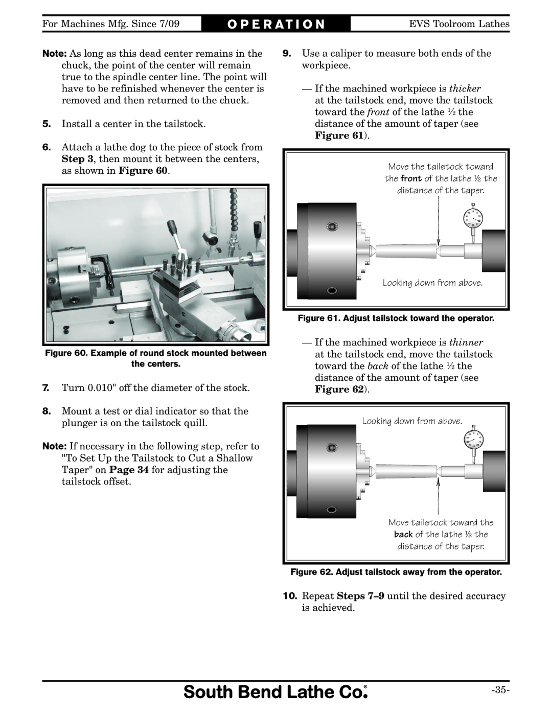 Southbend SB1015, SB1014, SB1038, SB1037, SB1012, SB1013 owner manual Looking down from above Move tailstock toward 