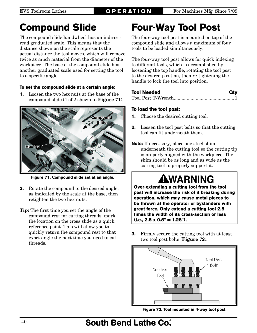 Southbend SB1014 Compound Slide, Four-Way Tool Post, To load the tool post, To set the compound slide at a certain angle 